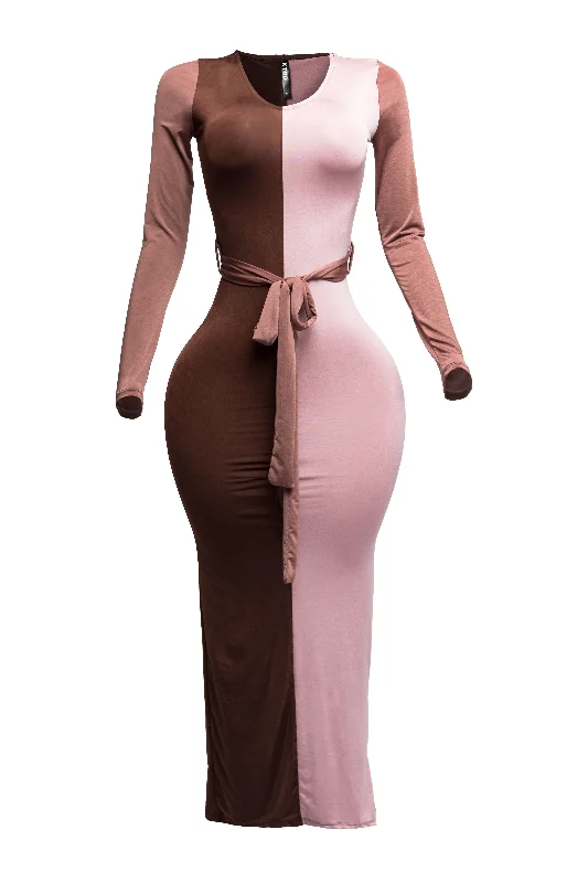 Long Sleeve Color Block Maxi Dress Comfortable Long-Sleeve Maxi Dress