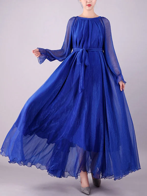 Zjkrl - Long Sleeves Loose Falbala Gauze Pleated Solid Color Tied Waist Round-Neck Maxi Dresses Stylish A-Line Maxi Dress