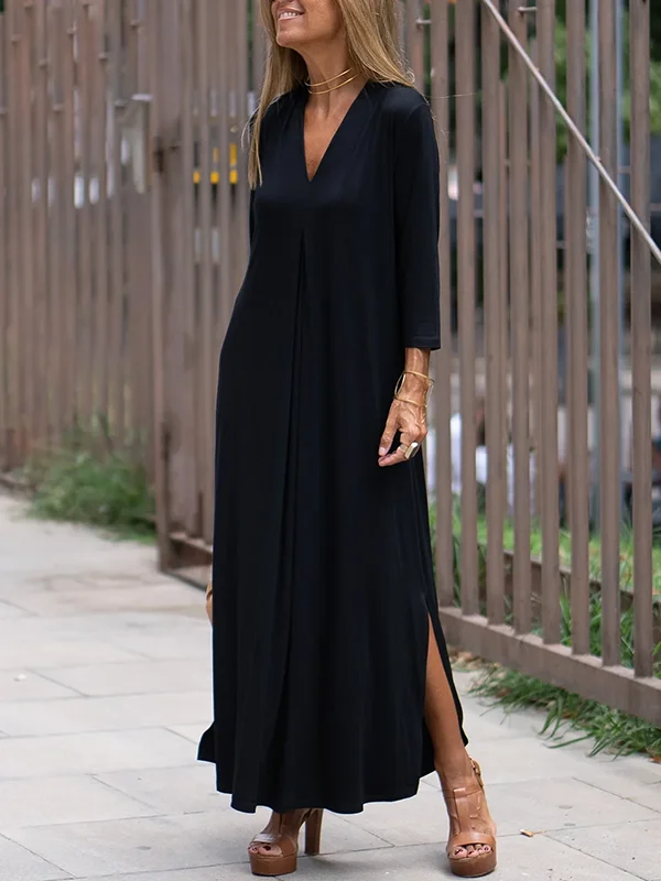 Zjkrl - Long Sleeves Loose Solid Color Split-Side V-Neck Maxi Dresses Stylish Empire Waist Maxi Dress