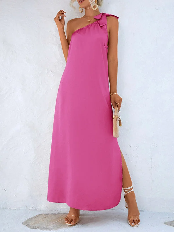 Zjkrl - Loose Sleeveless Solid Color One-Shoulder Maxi Dresses Stylish Button-Up Maxi Dress