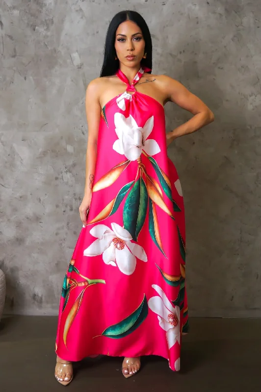 Lotus Flower Maxi Dress Fuchsia Stylish Empire Waist Maxi Dress