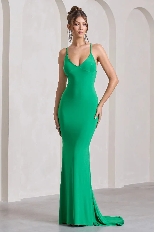 Lucky Number | Green Cross Back Fishtail Maxi Dress Comfortable Maxi Dress with Sleeves