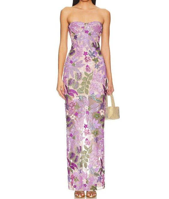 Lucyle Bandeau Floral Sequined Maxi Dress Stylish Long Sleeve Maxi Dress