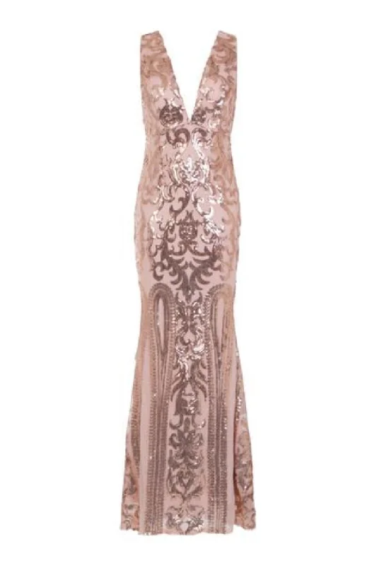 Lush Luxe Rose Gold Triple V Plunge Sequin Illusion Fishtail Maxi Dress Chic Sleeveless Maxi Dress Lush Luxe Rose Gold Triple V Plunge Sequin Illusion Fishtail Maxi Dress Chic Sleeveless Maxi Dress