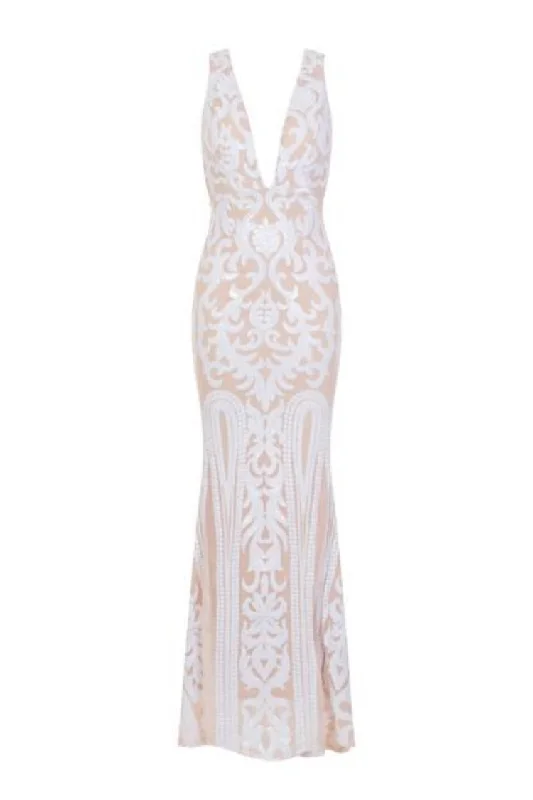 Lush Luxe White Nude Triple V Plunge Sequin Illusion Fishtail Maxi Dress Fashionable Sleeveless Maxi Dress Lush Luxe White Nude Triple V Plunge Sequin Illusion Fishtail Maxi Dress Fashionable Sleeveless Maxi Dress