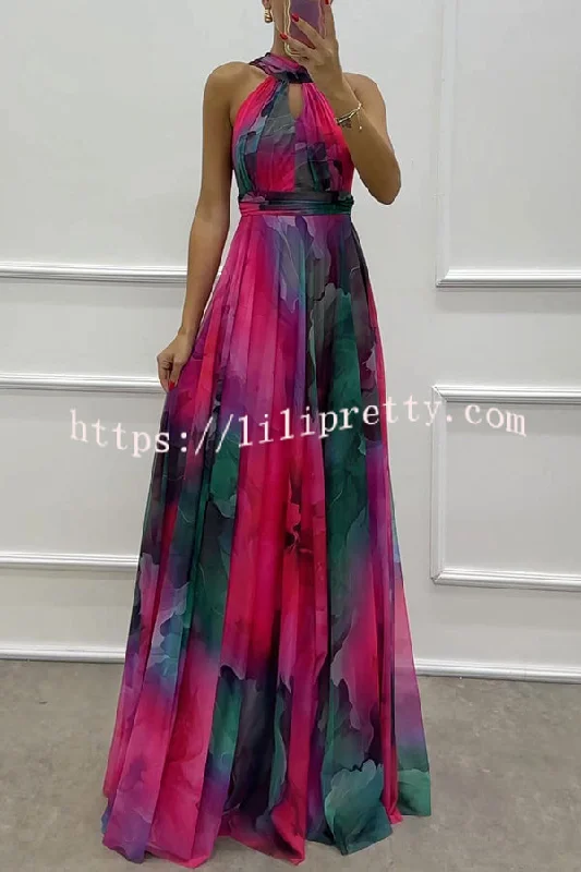 Elaine Tulle Floral Splash Print Cutout Halter Tie-up Neck Gown Maxi Dress Elegant Floral Maxi Dress