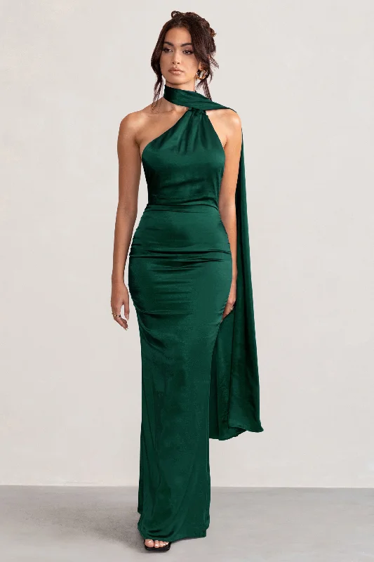 Mademoiselle | Bottle Green Satin Asymmetric Scarf Neck Backless Maxi Dress Stylish Off-Shoulder Maxi Dress