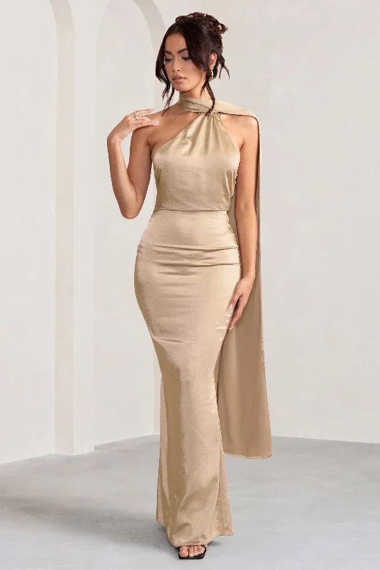 Mademoiselle | Champagne Satin Asymmetric Scarf Neck Backless Maxi Dress Comfortable Flowy Maxi Dress