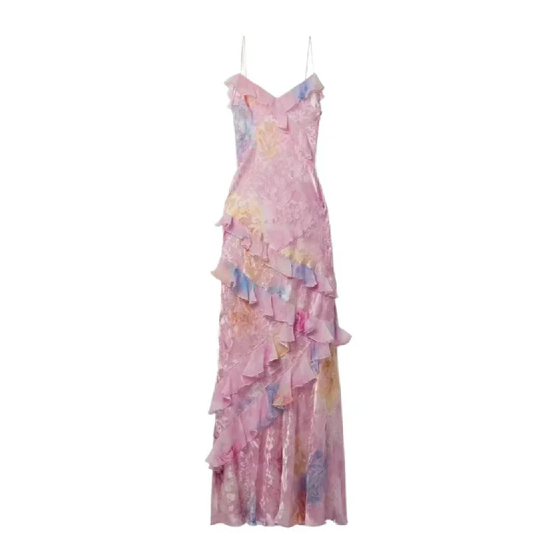 Mia Floral Chiffon Ruffle Maxi Dress Elegant Maxi Dress with Belt