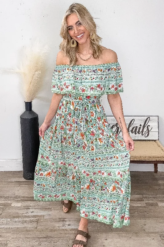 Mint Boho Off The Shoulder Maxi Dress Trendy Floral Print Maxi Dress