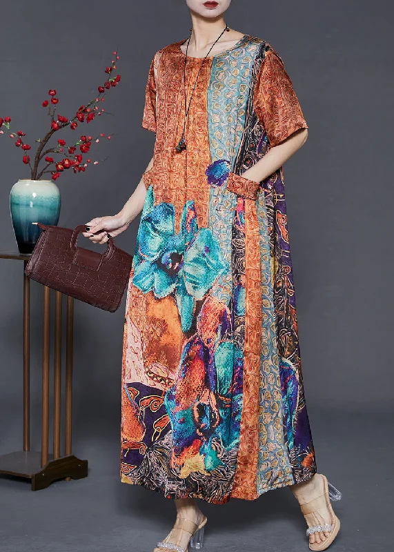 Modern Khaki Oversized Print Silk Maxi Dresses Summer Stylish V-Neck Maxi Dress