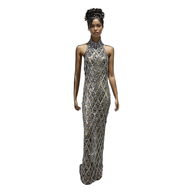 MONACO Silver Embellished Maxi Dress Comfortable Long-Sleeve Maxi Dress