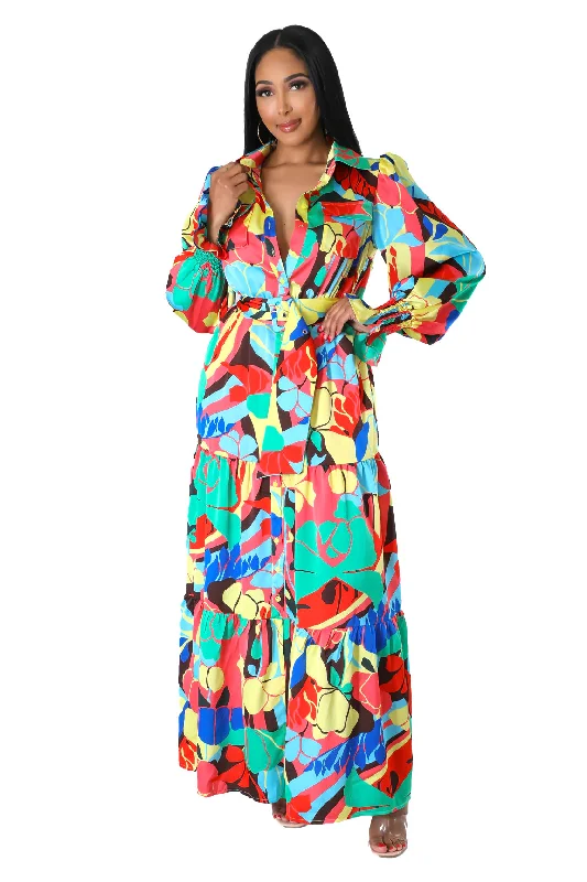 Multi Color Button Up Maxi Dress Trendy V-Neck Maxi Dress