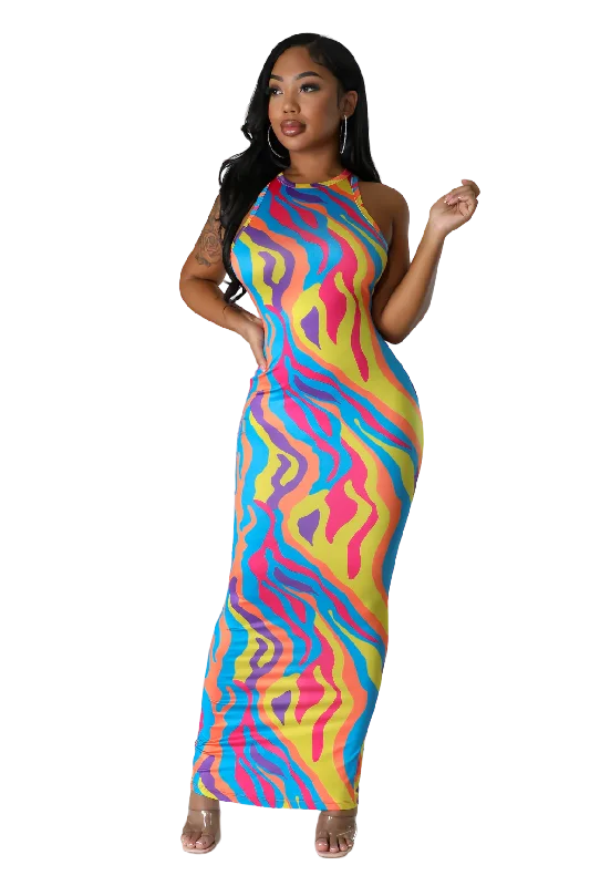 Multi Color Pattern Maxi Dress Fashionable Asymmetrical Maxi Dress