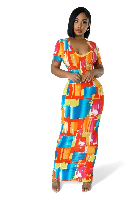 Multi Color V-Neck Maxi Dress Trendy Printed Maxi Dress