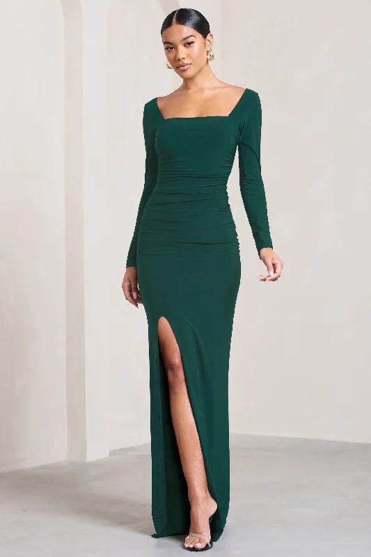 My Pleasure | Bottle Green Square Neck Ruched Maxi Dress Fashionable High-Low Maxi Dress