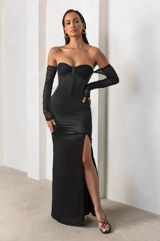 My Prize | Black Satin Bardot Mesh Long Sleeve Maxi Dress With Thigh Split Fashionable Button-Down Maxi Dress