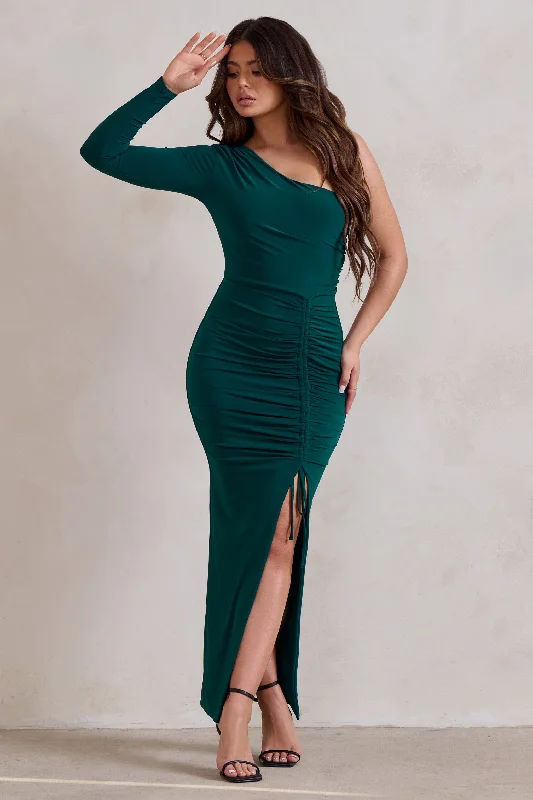 Mystical | Bottle Green One Shoulder Maxi Dress With Side Split Trendy Maxi Dress with Belt