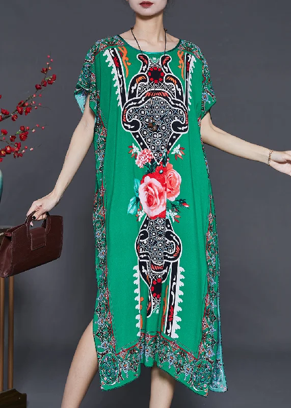 Natural Green Oversized Print Chiffon Maxi Dresses Summer Stylish Button-Up Maxi Dress