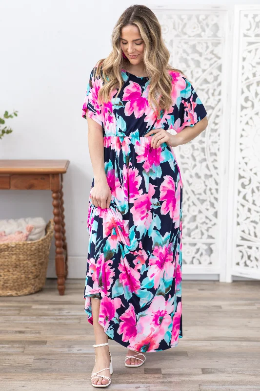 Navy Flower Print Boat Neck Maxi Dress Fashionable Printed Maxi Dress