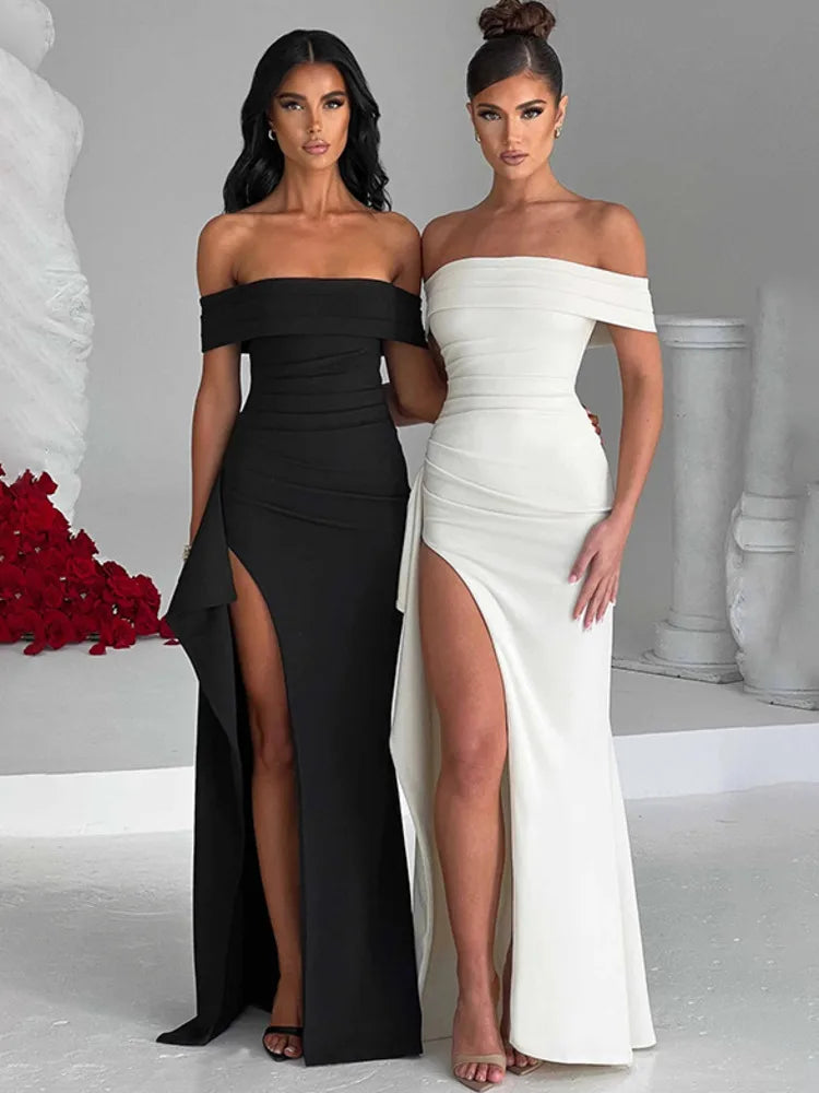 Off-shoulder Ruffled Thigh High Split Maxi Dress For Women Slash Neck Backless Bodycon Sexy Party Evening Dress Elegant Cozy Knit Maxi Dress Off-shoulder Ruffled Thigh High Split Maxi Dress For Women Slash Neck Backless Bodycon Sexy Party Evening Dress Elegant Cozy Knit Maxi Dress