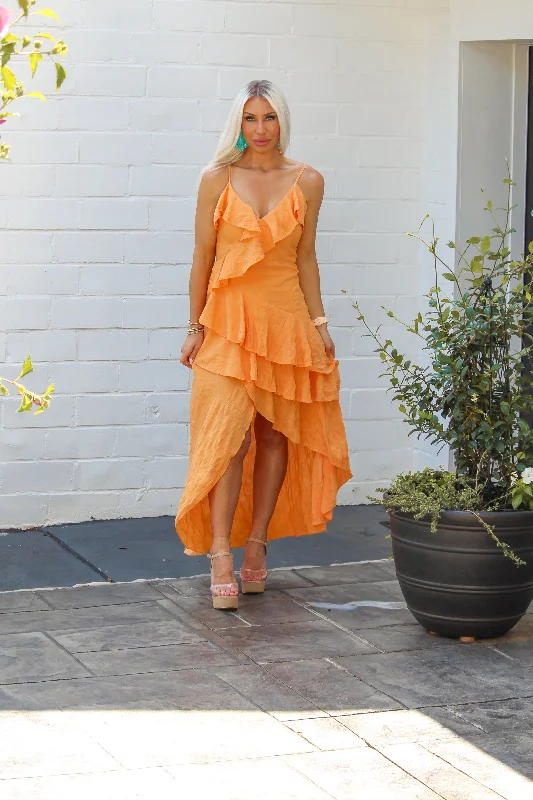 Orange Ruffle Maxi Dress Comfortable Pleated Maxi Dress