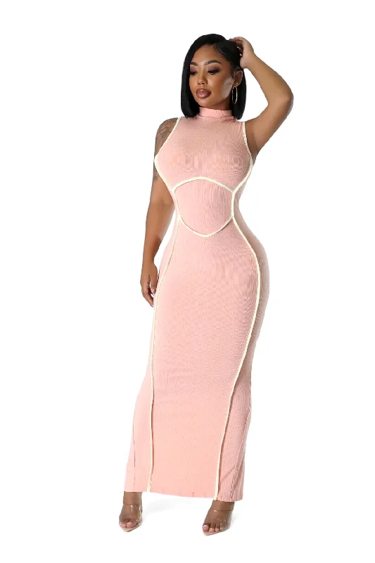 Peach Mock Neck Ribbed Maxi Dress Elegant Maxi Dress with Lace