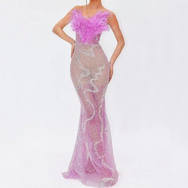Peggy Strapless Sequins Feather Maxi Dress Trendy Fit-and-Flare Maxi Dress