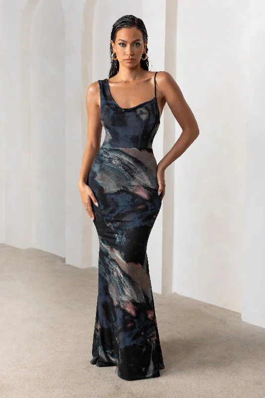 Phantasy | Black Abstract Print Asymmetric Neckline Cowl Maxi Dress Elegant Maxi Dress with Pockets