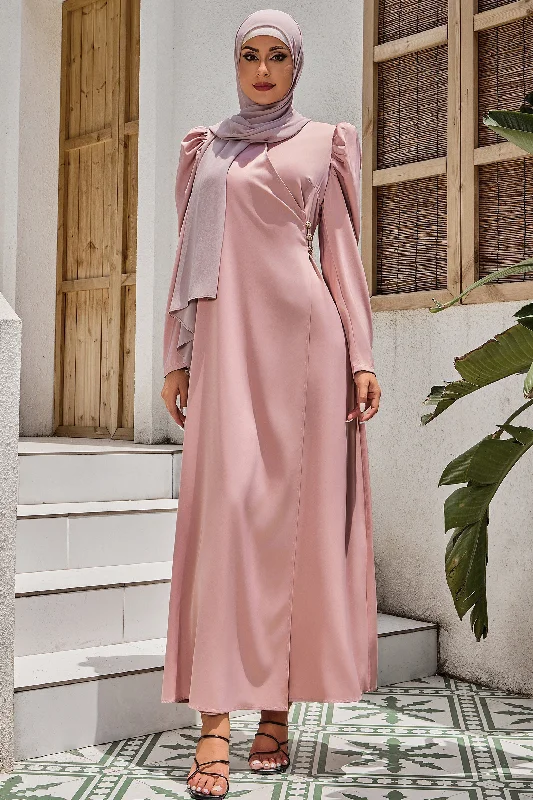 Pink Criss Cross Puff Sleeve Maxi Dress-CLEARANCE Comfortable Long-Sleeve Maxi Dress