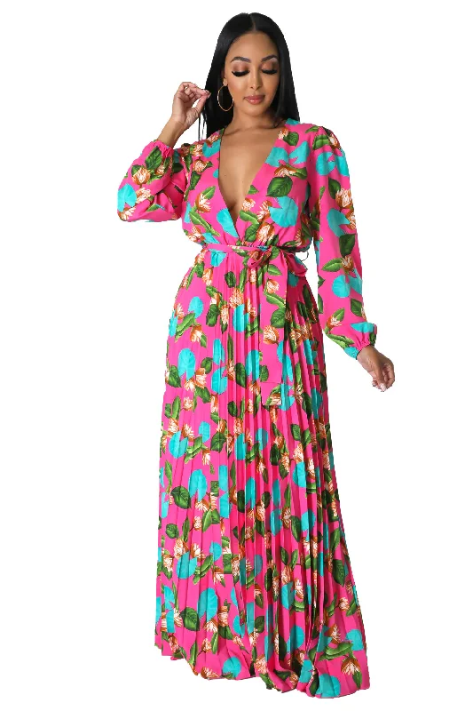 Pink Floral Pleated Maxi Dress Comfortable Cotton Maxi Dress