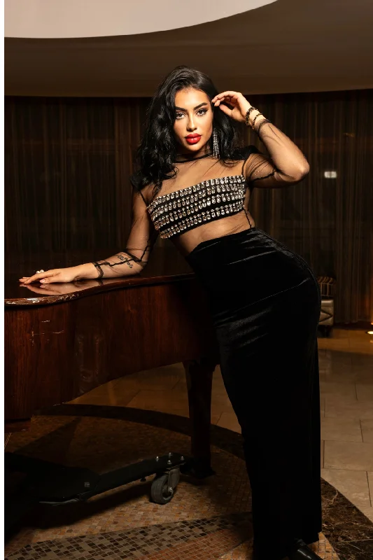 Priya Velvet Sheer Maxi Dress Black Cozy Maxi Dress with Slit