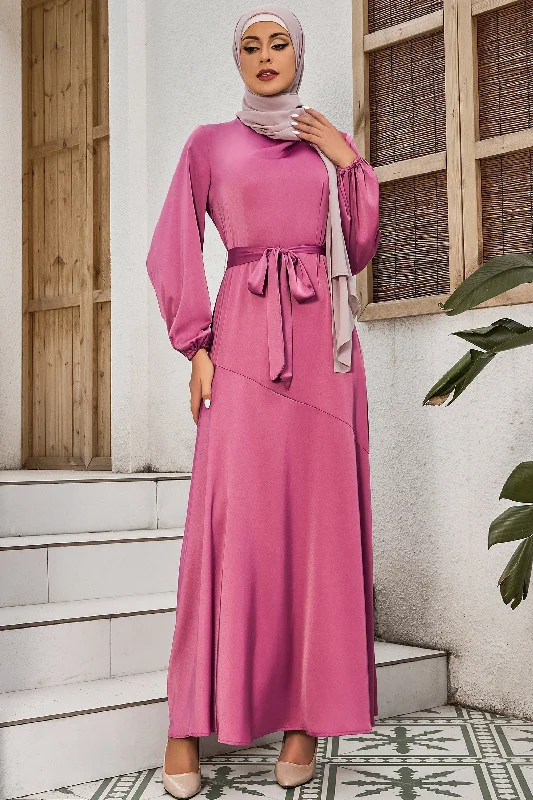 Magenta Satin Long Sleeve Maxi Dress-CLEARANCE Elegant Lace-Up Maxi Dress