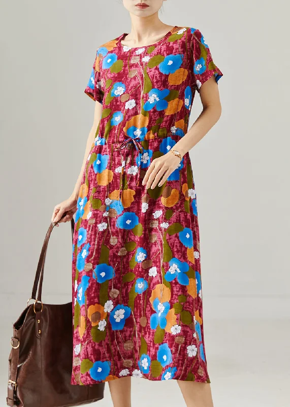 Red Print Cotton Maxi Dresses Cinched Summer Trendy Maxi Dress with Straps