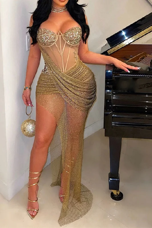 Rhinestone Glittery Mesh Patchwork See-Through Irregular Maxi Dress Chic Off-Shoulder Maxi Dress Rhinestone Glittery Mesh Patchwork See-Through Irregular Maxi Dress Chic Off-Shoulder Maxi Dress