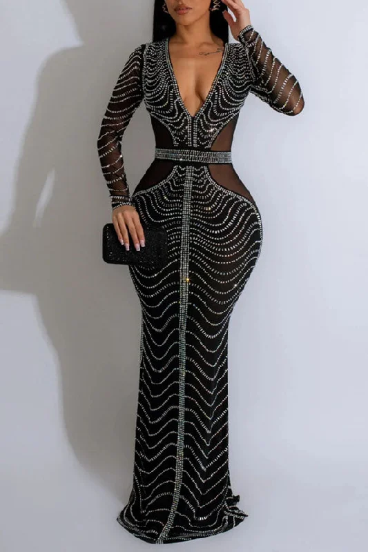 Rhinestone Party Deep V Neck Maxi Dress Chic Boho Print Maxi Dress