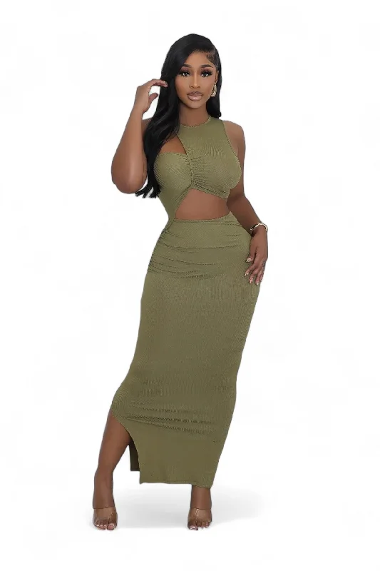 Ribbed Cut Out Slit Maxi Dress Casual Maxi Dress with Pockets