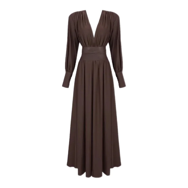 ROSEY Tan Maxi Dress With Waist Belt Stylish A-Line Maxi Dress