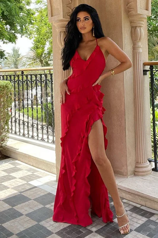 Run The World | Red Plunge Neckline Ruffle Maxi Dress Comfortable Satin Maxi Dress