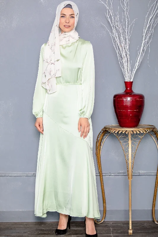 Sage Green Satin Long Sleeve Maxi Dress-CLEARANCE Casual Maxi Dress with Pockets