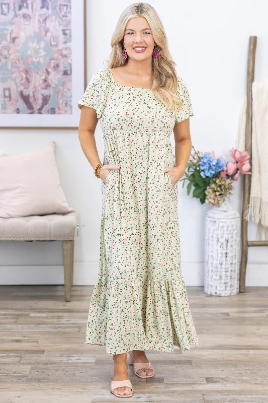 Sage Square Neck Floral Maxi Dress Stylish Long Sleeve Maxi Dress