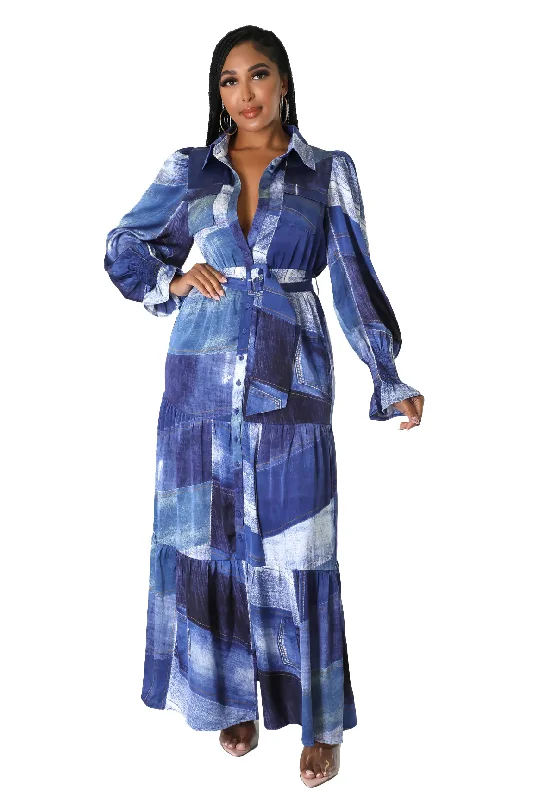 Satin Denim Illusion Maxi Dress Elegant Pleated Maxi Dress