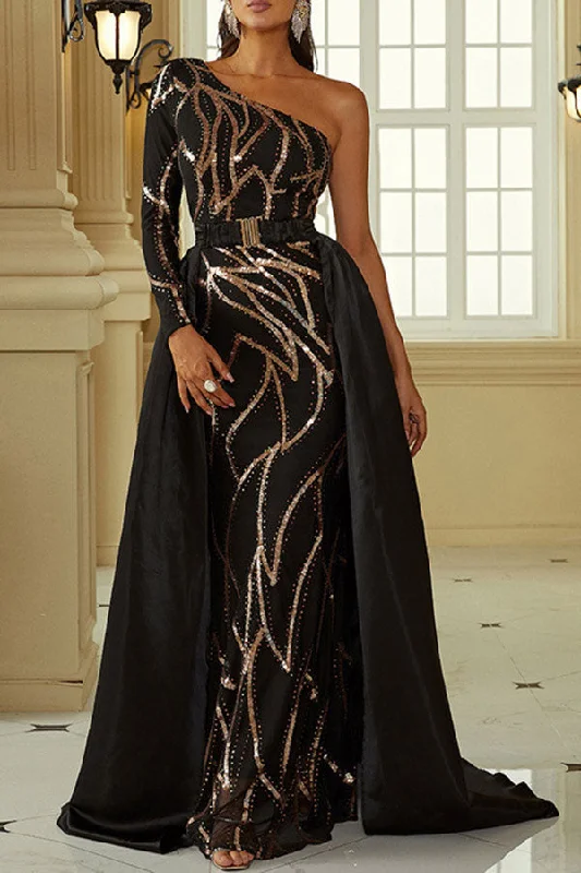 Sequined Luxe One Shoulder Trailing Maxi Dress Comfortable Ruffle Hem Maxi Dress