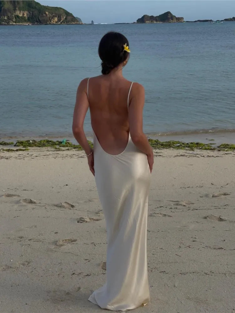 Sexy Backless Satin Maxi Dress For Women Fashion Sleeveless Female Solid Slim Dresses Summer Lady White Beach Holiday Robes Casual Maxi Dress with Pockets