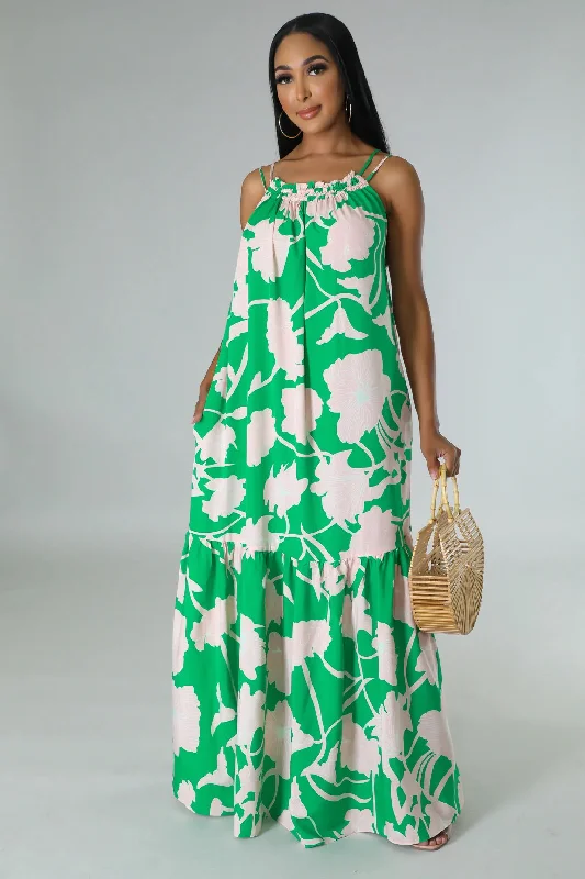 Shades of Spring Floral Maxi Dress Green Cozy Ruffle Sleeve Maxi Dress
