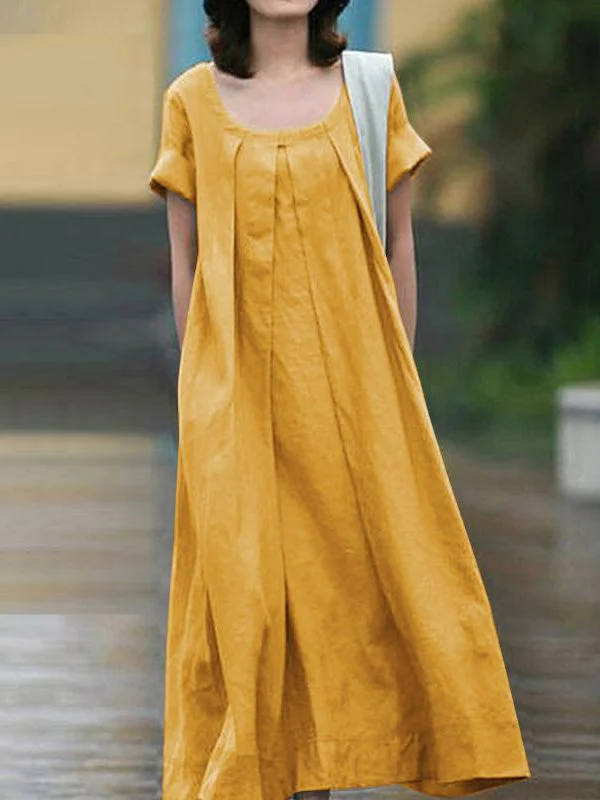 Zjkrl - Simple Solid Color U-Neck Pleated Short Sleeves Maxi Dress Elegant Lace-Up Maxi Dress