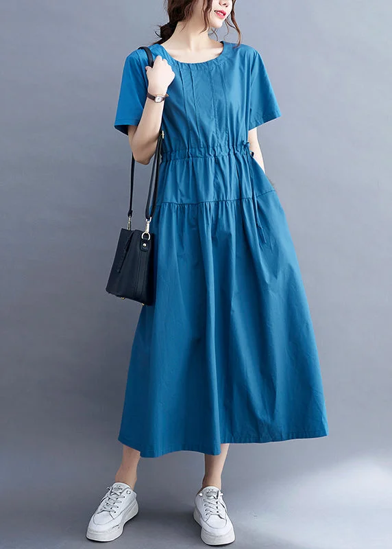 Slim Fit Blue Cinched Patchwork Cotton Maxi Dresses Summer Fashionable Off-Shoulder Maxi Dress