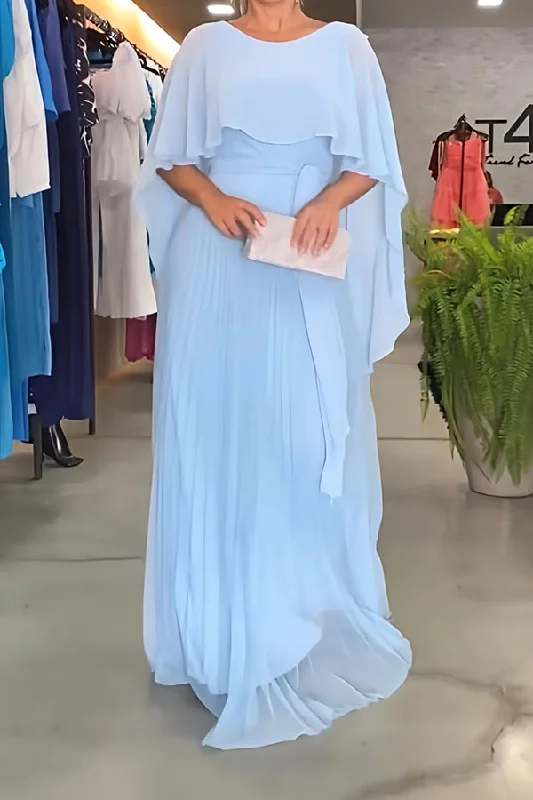 Solid Color Cape Sleeve Chic Lace-Up Pleated Maxi Dress Elegant Tiered Maxi Dress