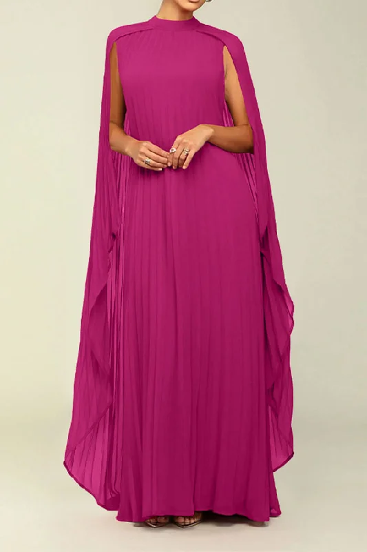 Solid Color Cape Sleeve Whimsical Pleated Maxi Dress Comfortable Flowy Maxi Dress
