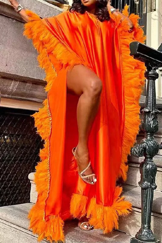 Solid Color Feather Patchwork Luxe High Split Maxi Dress Trendy Maxi Dress with Straps